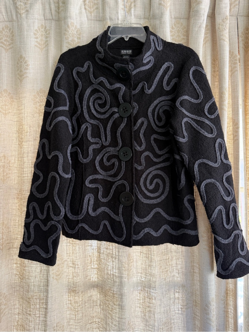 NTCO Nordic Traders 100% Wool Abstract Swirl Jacket Black Gray M Statement Artwe